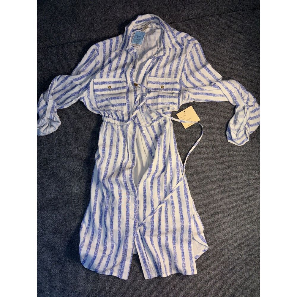 Passport Shirt Dress Womens Medium Blue‎ White Tie Waist Collared Button Front